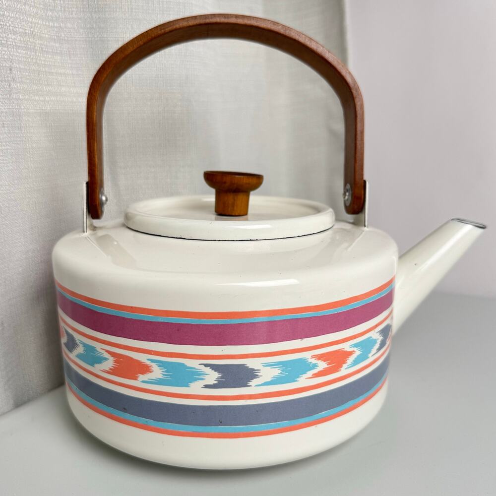 Vintage Enamel Tea Kettle Southwestern Aztec Stripe Design Wooden Handle Boho